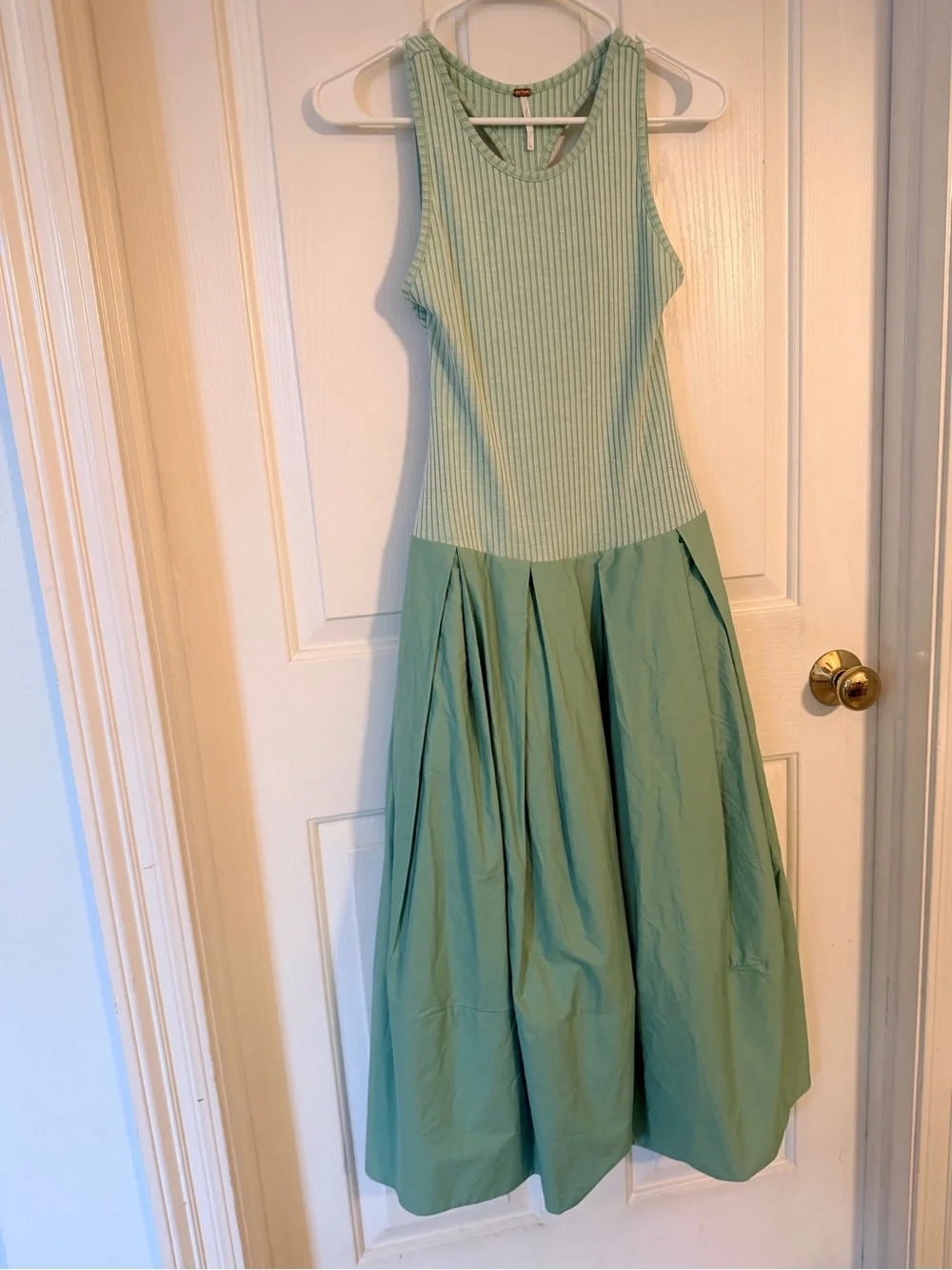 Mint Green Sleeveless Rib Bodice Midi Dress - Drops of Venus